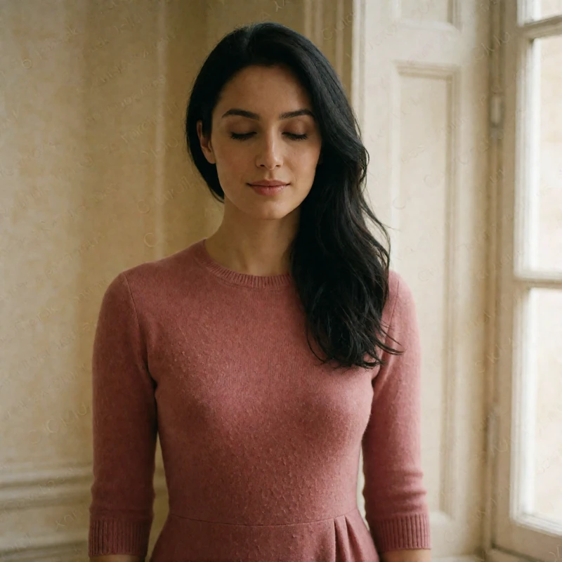 Armenian woman in a muted rose knit dress by a window with a calm closed-lip smile