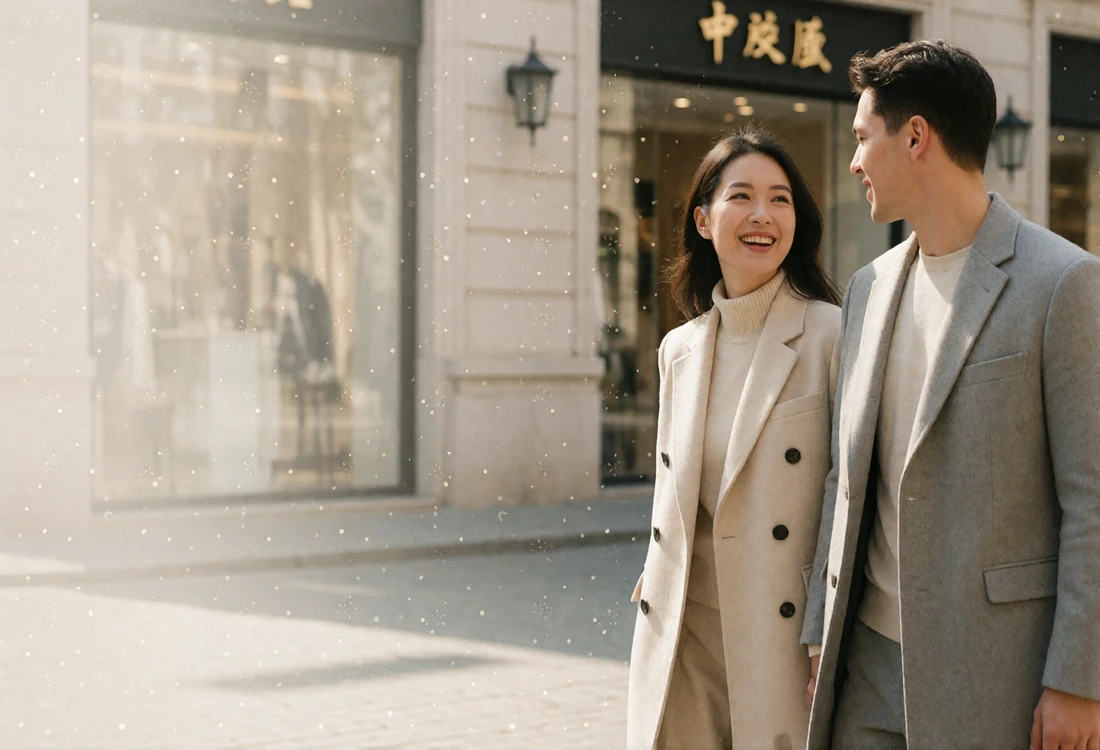 Couple walking side by side along a quiet upscale street in soft daylight, representing life after a first meeting