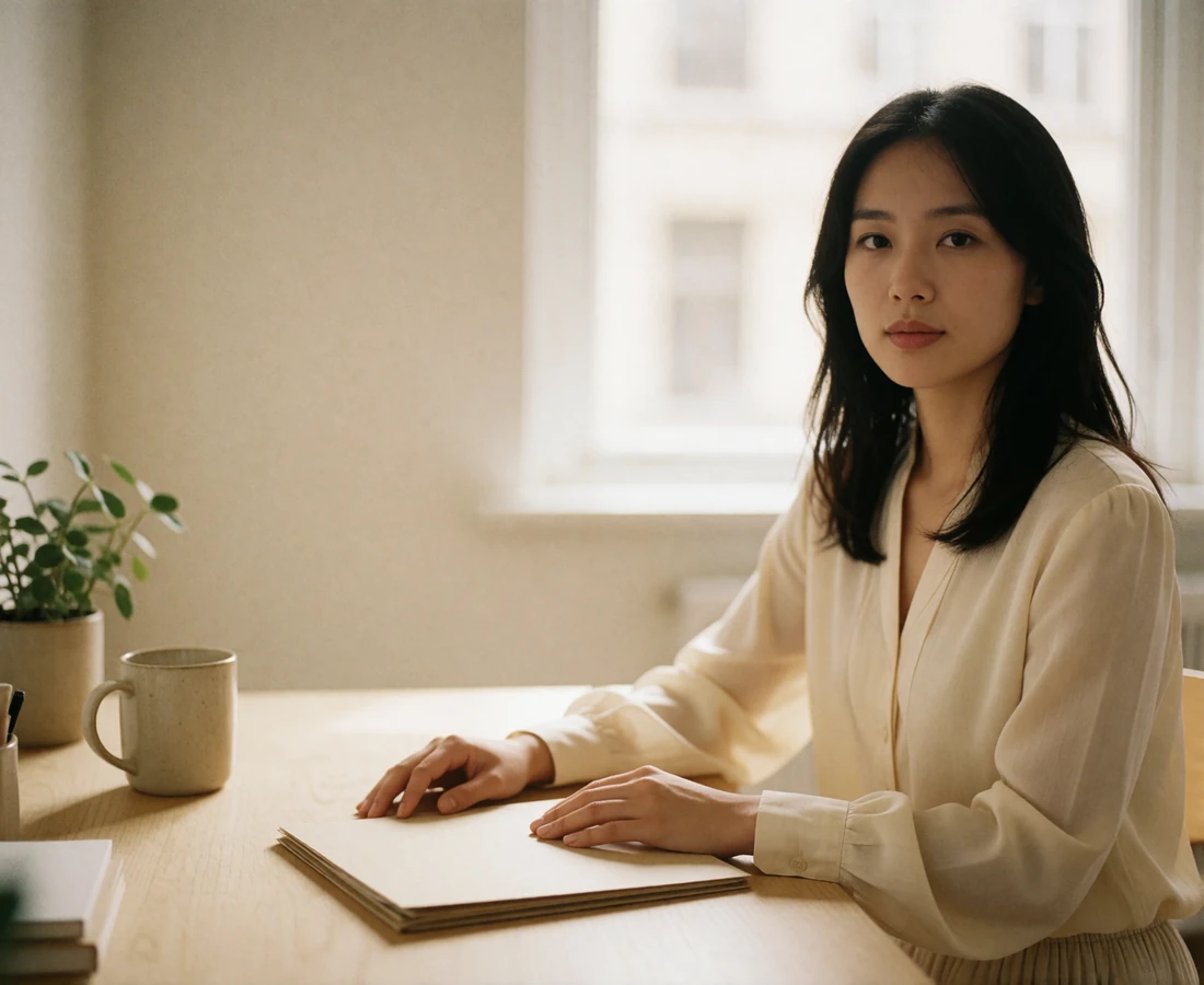 Woman seated at a desk beside a window, hands resting on a closed folder of paperwork