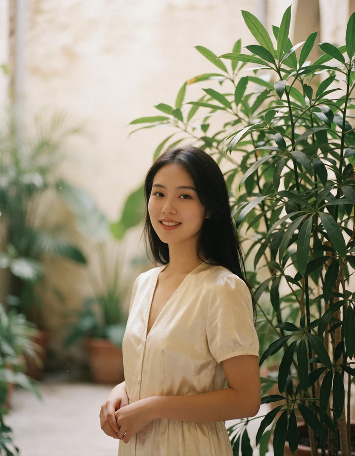 Young Chinese woman in an ivory dress smiling gently beside green plants in a bright courtyard