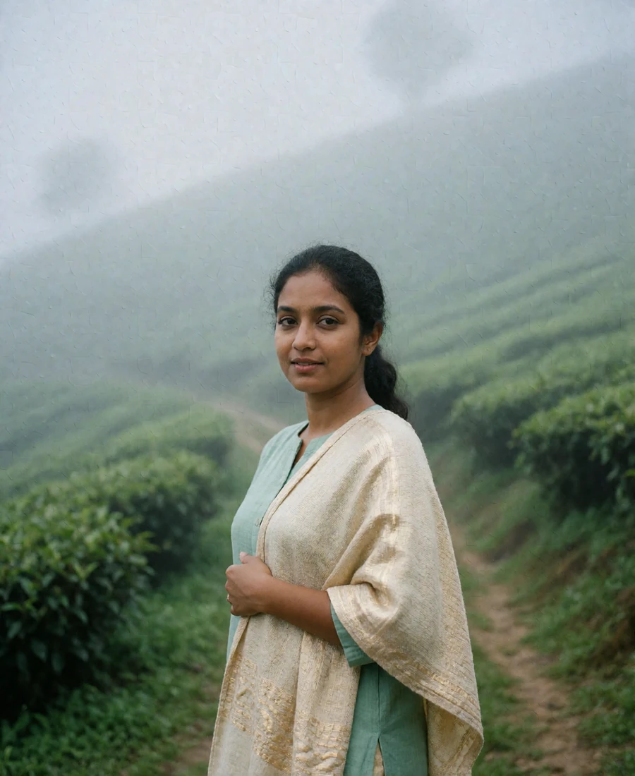 Sri Lankan woman in a jade tunic standing on a misty tea plantation path with a light shawl