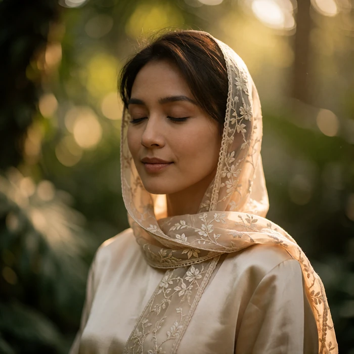 Malaysian woman in a champagne silk top with a loosely draped headscarf in a botanical garden
