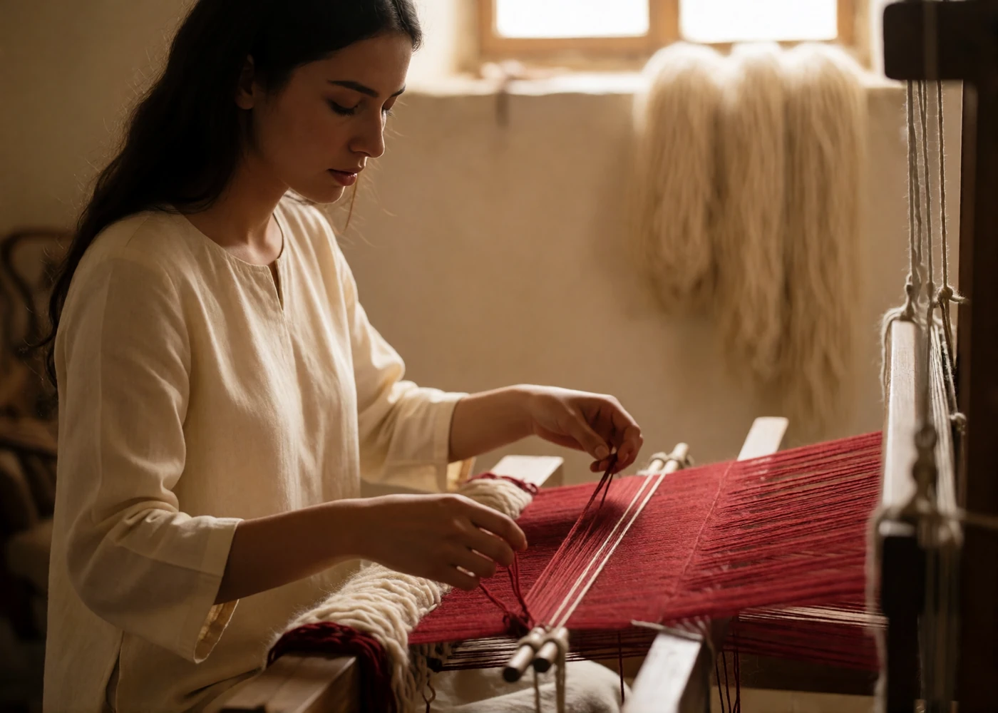 Turkmen woman working at a wooden loom with deep red and cream wool threads in a naturally lit workshop