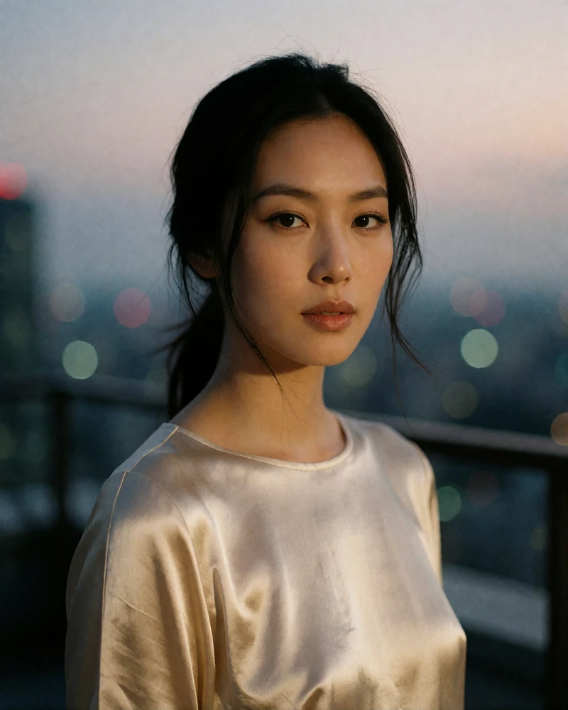 Elegant Asian woman in a champagne silk top on a rooftop terrace at dusk with city glow behind her