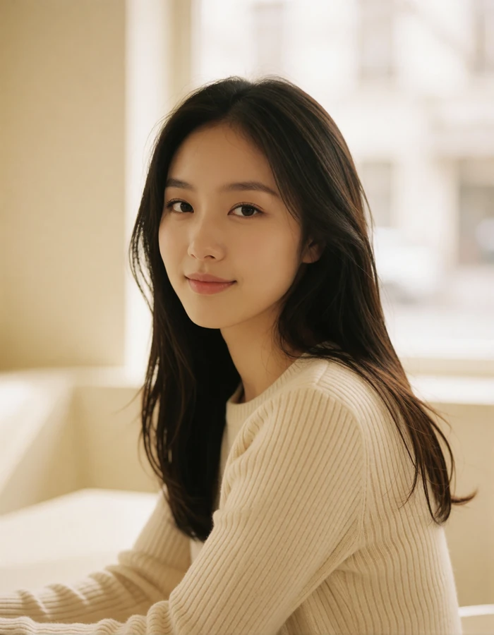 Young Korean woman in a cream ribbed sweater smiling warmly in a bright minimalist cafe