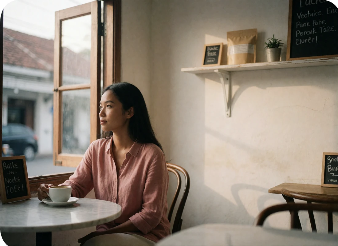 Woman in a linen shirt at a sunlit café table by an open window during a relaxed morning