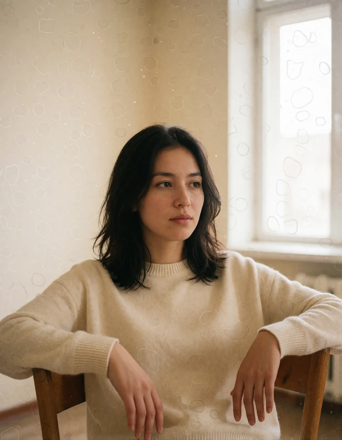 Kyrgyz woman in a cream sweater seated on a wooden chair in a bright sparsely furnished room