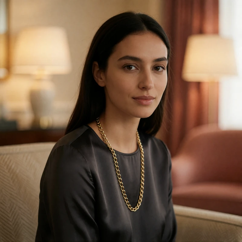 Armenian woman in a charcoal silk top seated in a warm hotel lounge with a composed smile