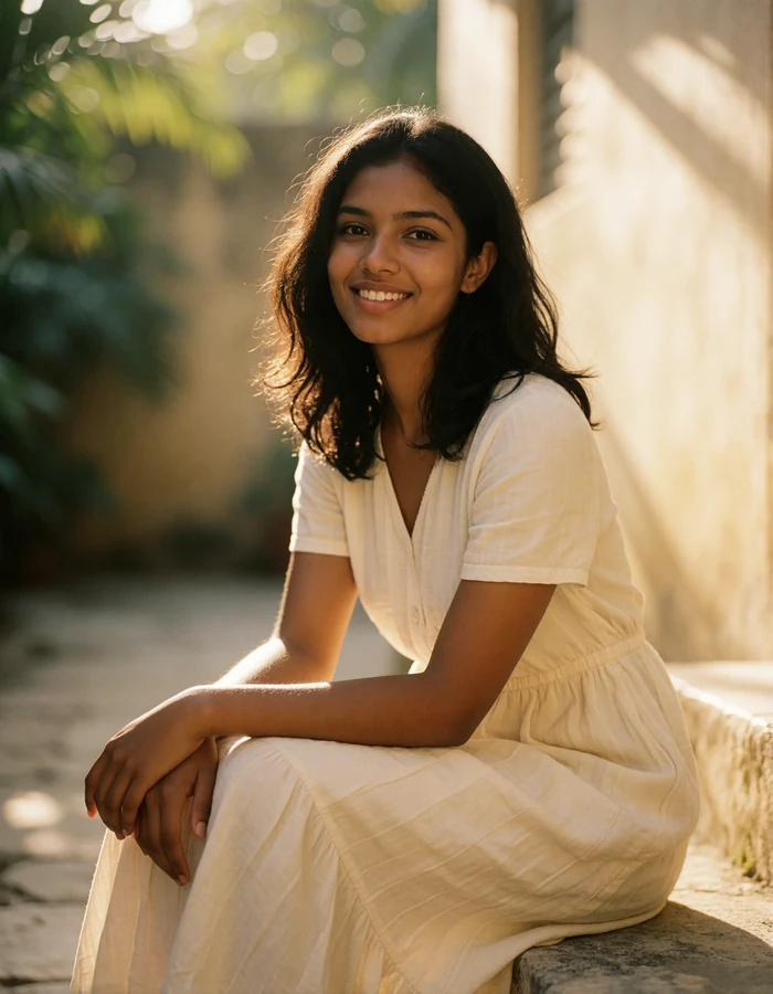 Young Maldivian woman in a cream cotton dress sitting on a stone step in a sunlit courtyard
