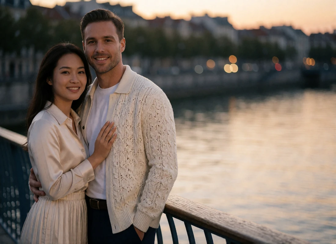 Couple standing together on a quiet pedestrian bridge at evening with warm distant city glow behind them
