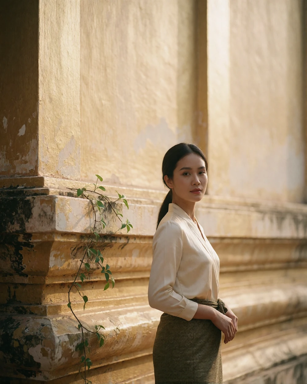 Laotian woman in an ivory blouse standing beside a weathered temple wall in soft afternoon shade