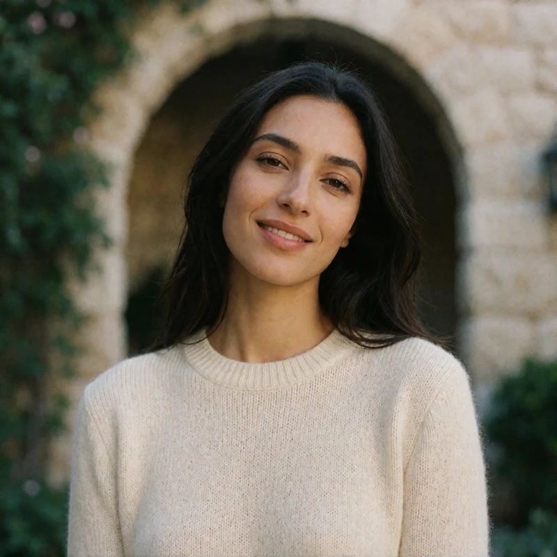 Jordanian woman with long dark hair smiling near a defocused stone archway with soft greenery