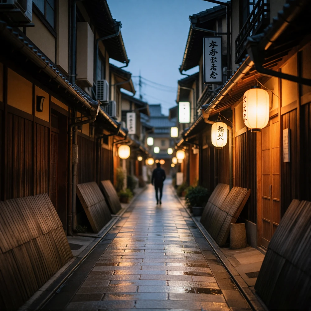 Narrow Tokyo backstreet at evening with warm paper lanterns glowing along low wooden-fronted buildings