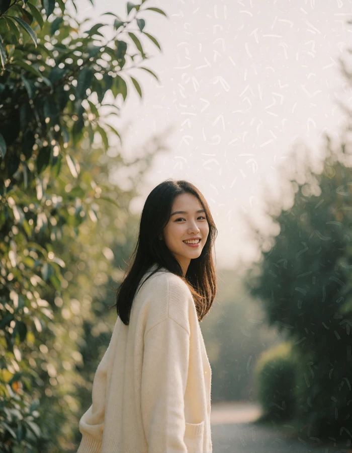 Taiwanese woman walking down a tree-shaded lane and turning back with a bright smile
