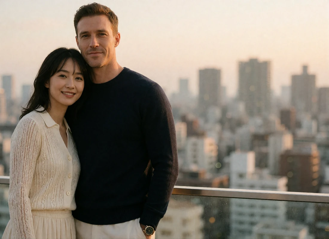 Couple standing together on an upscale Tokyo rooftop terrace at dusk with a soft city skyline behind them