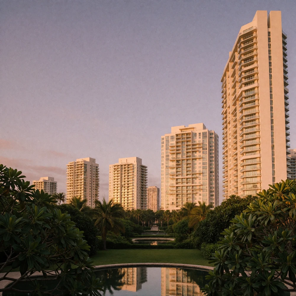 Modern equatorial city skyline at dusk viewed across manicured tropical gardens and a reflecting pool