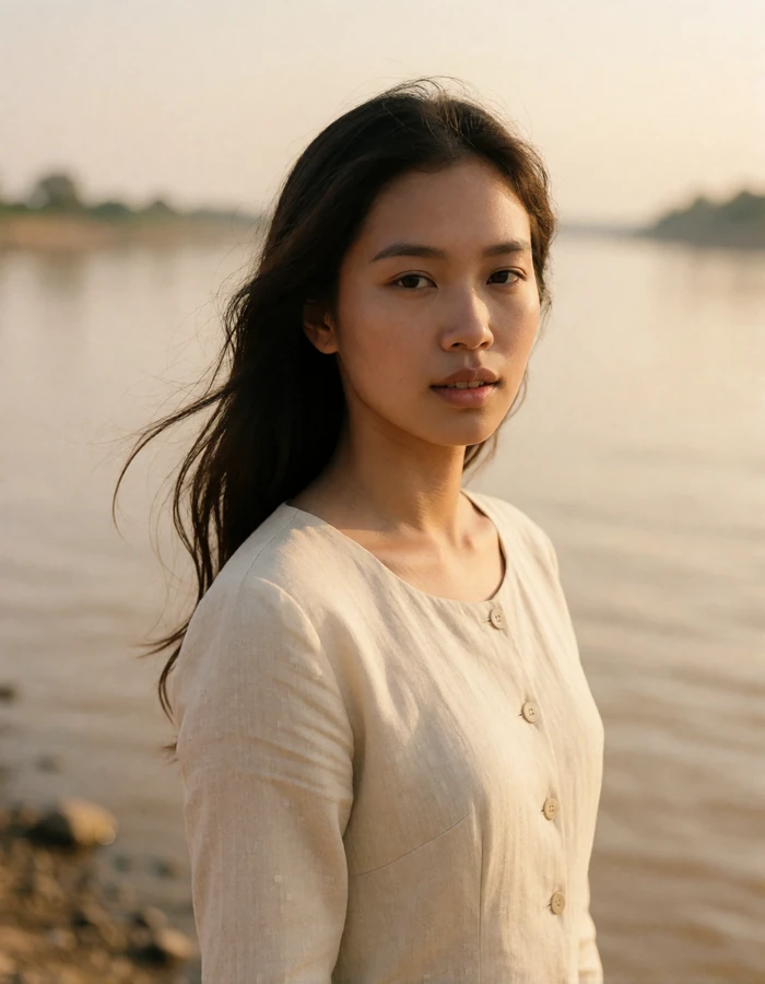 Laotian woman in a cream linen top beside a wide river at golden hour with hair lifted by the breeze