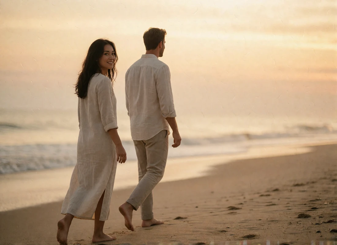 Indonesian woman and a Western man walking barefoot along a quiet beach at dusk after meeting through the platform