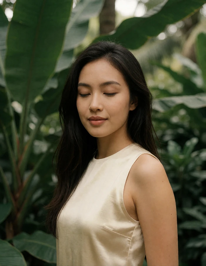Indonesian woman in a cream top standing among tropical greenery in soft daylight