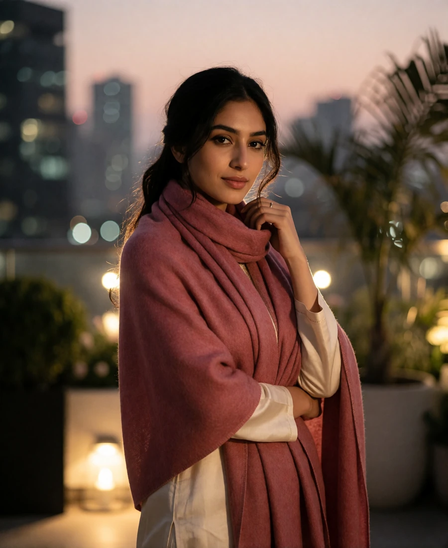 Pakistani woman in a deep rose shawl on an upscale rooftop terrace at dusk with soft city lights behind her