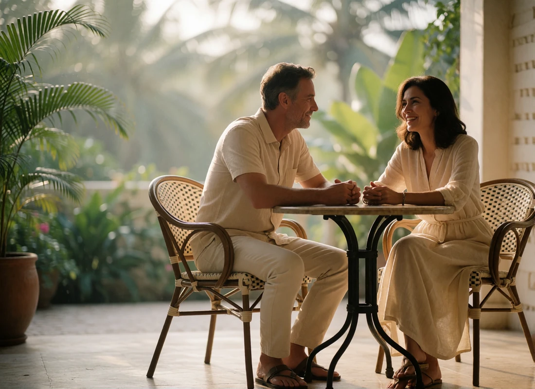 Indonesian woman and a Western man in easy conversation at a shaded villa terrace table in the morning
