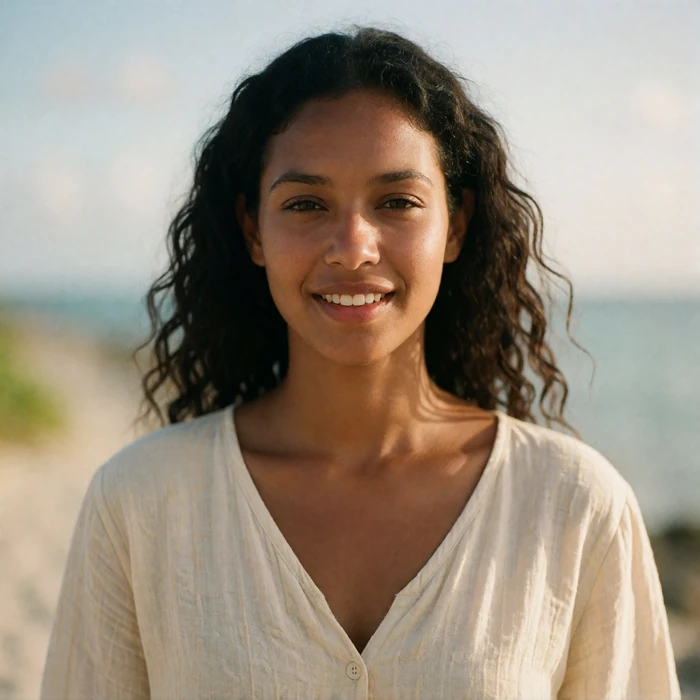 Timorese woman in a cream cotton blouse smiling on a breezy coastal path