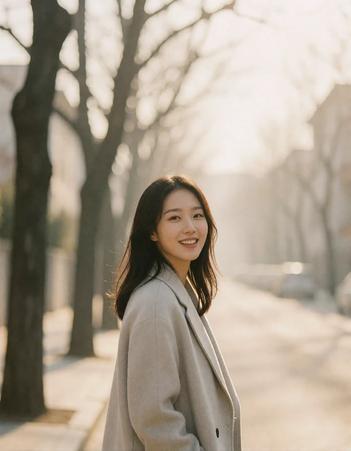 Young Korean woman walking along a quiet tree-lined street glancing back with a bright smile