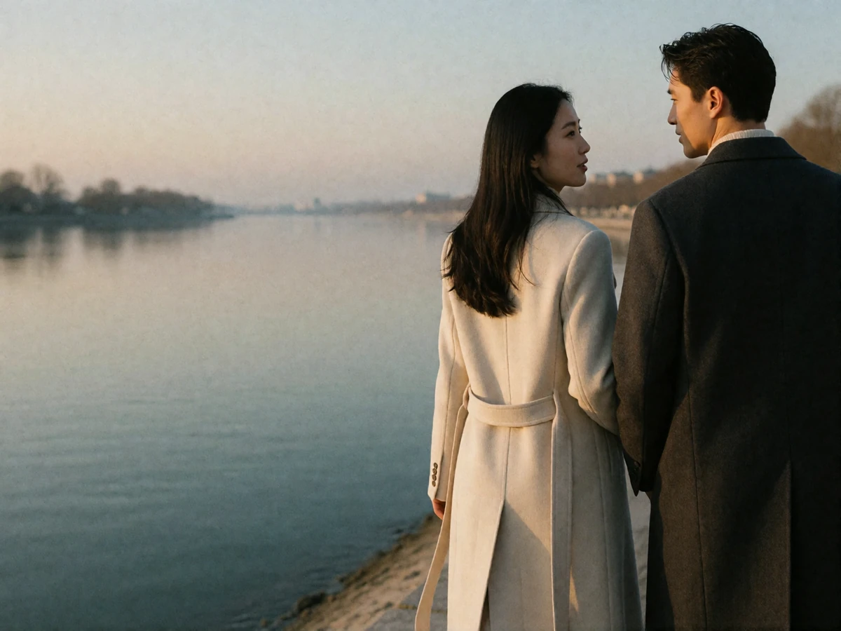 Asian woman and her partner walking side by side along a riverside promenade in warm evening light