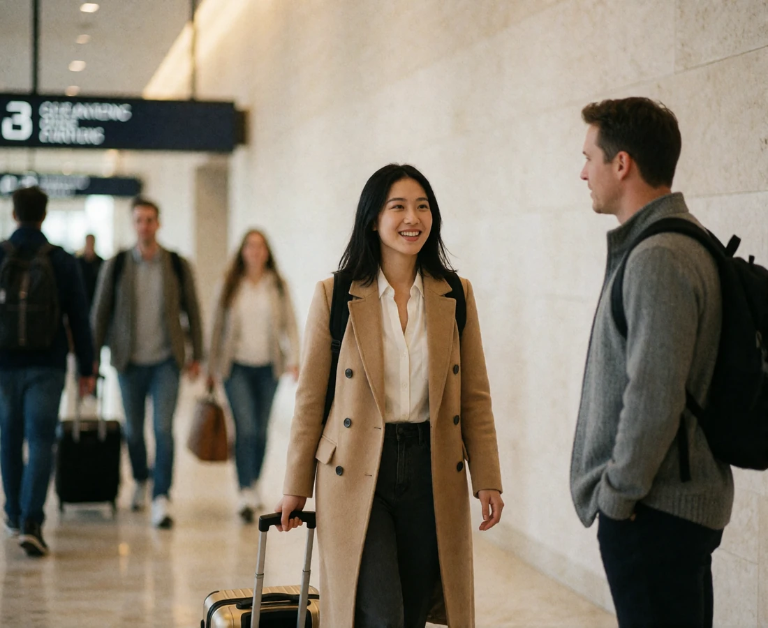 A woman with a trolley case walks toward a waiting partner in an airport arrivals area