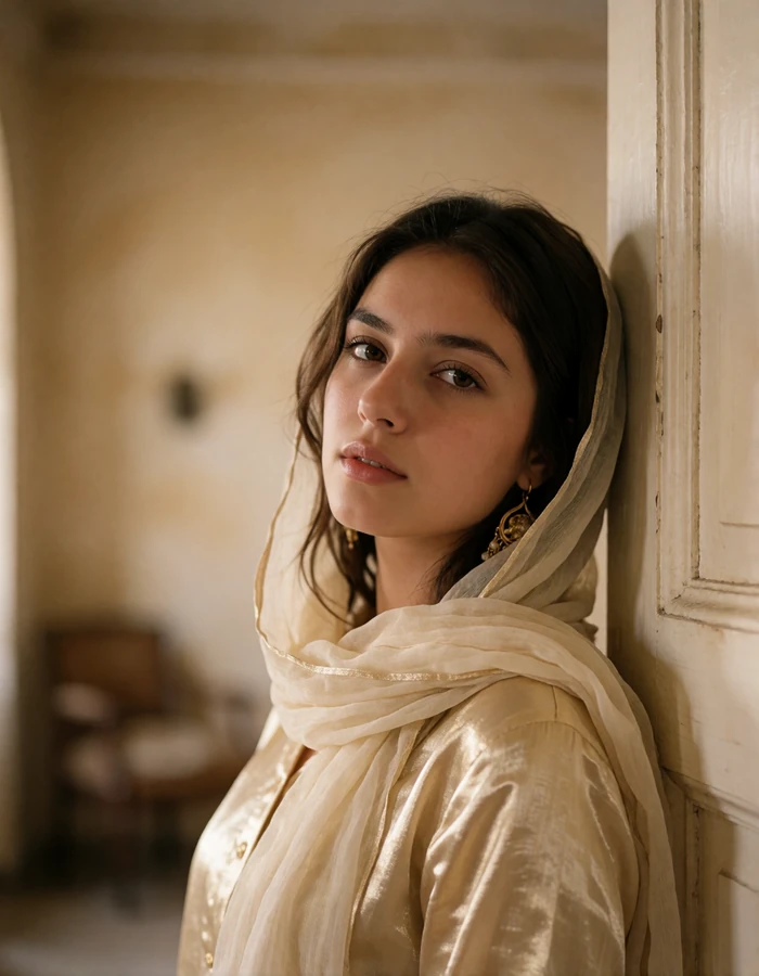 Young Afghan woman with a cream chiffon scarf leaning against a pale doorway with a calm expression