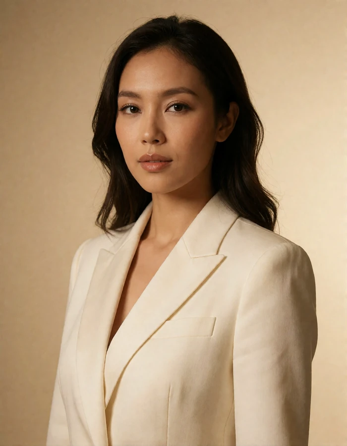 Indonesian woman in a tailored ivory blazer against a plain warm beige studio backdrop