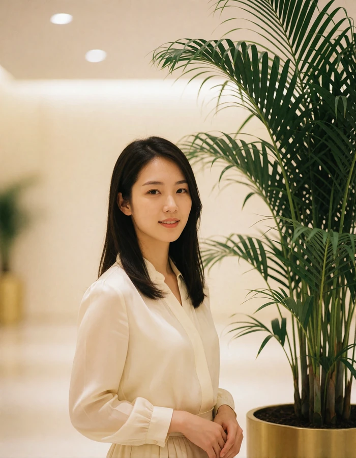 Taiwanese woman in an ivory blouse standing beside a tall plant in a bright modern lobby