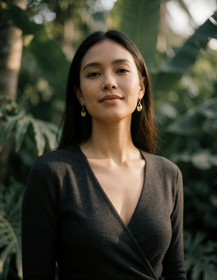 Filipina woman in a charcoal wrap top with gold earrings standing before defocused tropical foliage
