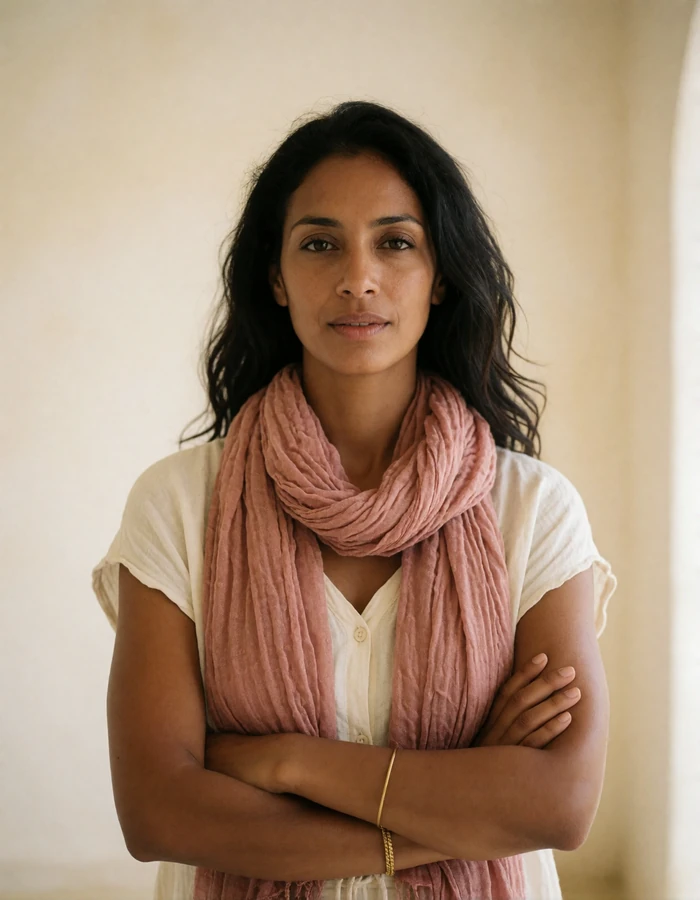 Maldivian woman in a muted rose scarf standing confidently in a bright airy interior with pale plaster walls