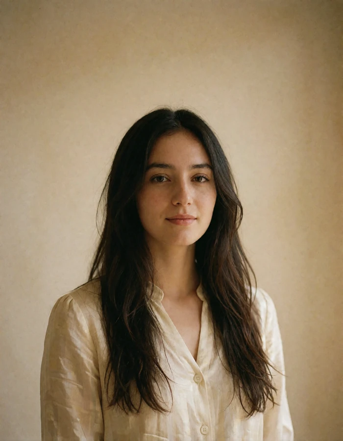 Young Turkmen woman with long dark hair in a cream blouse standing in soft indoor daylight before a sand-toned wall