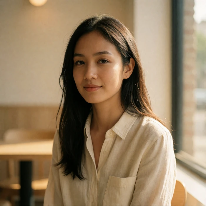 Malaysian woman in a cream linen shirt seated by a bright café window in Kuala Lumpur