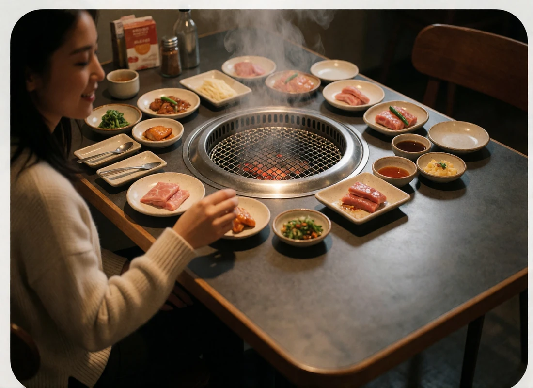 Korean barbecue table with a central grill and small shared side dishes, seen from a high angle