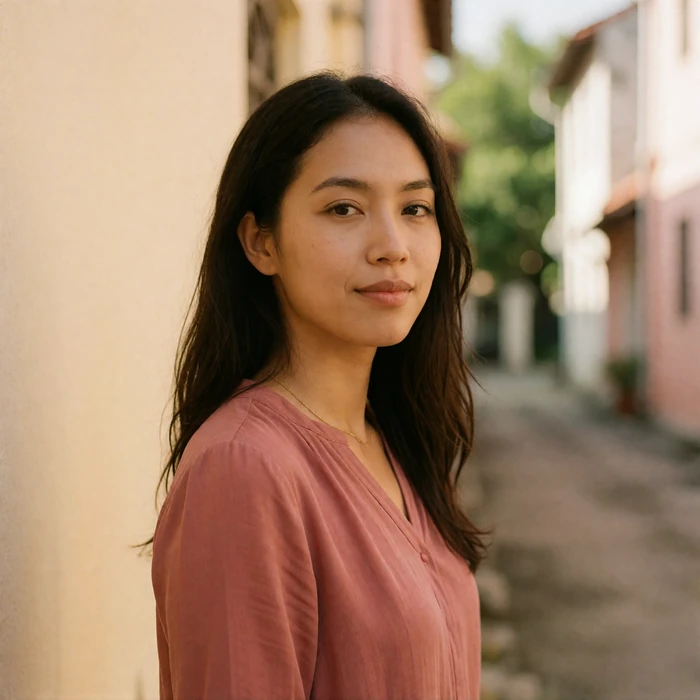 Malaysian woman in a muted rose blouse walking a shaded colonial-era street in Penang