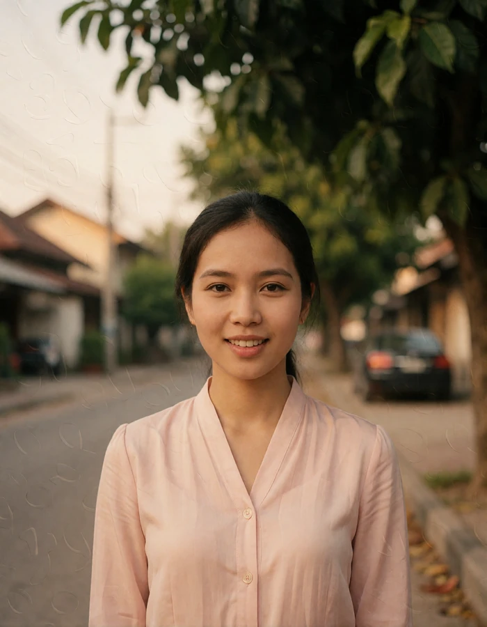 Laotian woman in a pale rose blouse standing on a quiet tree-lined street in soft afternoon light