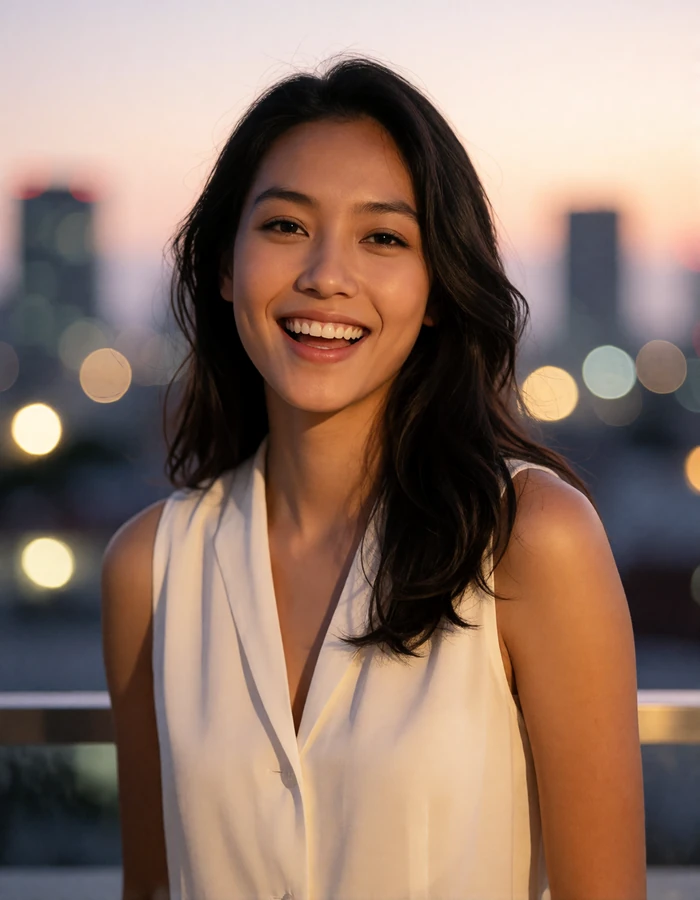 Filipina woman in a white sleeveless blouse smiling on a rooftop terrace at dusk with warm city lights behind her