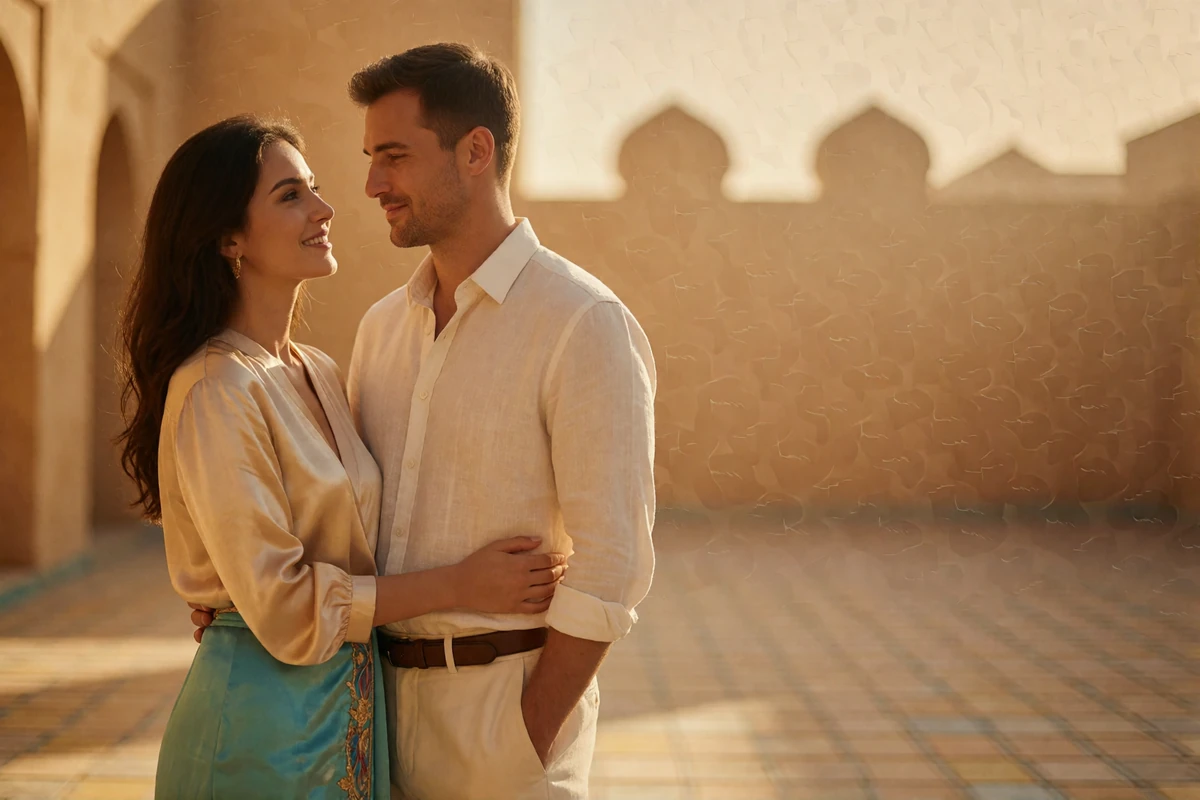 Couple standing together in a sunlit tiled courtyard, illustrating a first in-person meeting after months of messaging