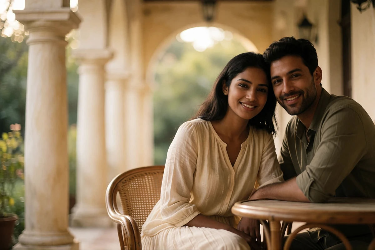Couple sitting together on a shaded colonial veranda over a small table, representing the stage after a first meeting