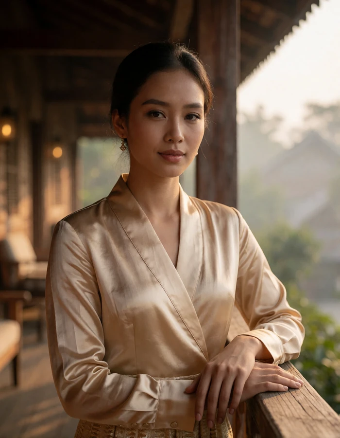 Laotian woman in a champagne silk blouse standing on a wooden veranda with a poised, direct expression
