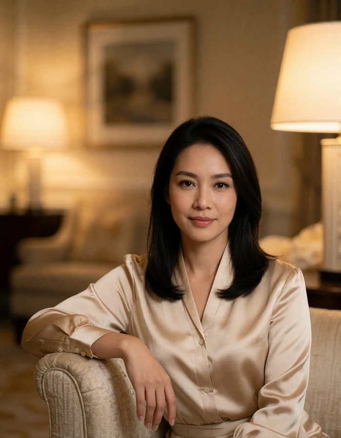 Thai woman in a champagne silk blouse seated in a quiet luxury hotel lobby with warm lamp light behind her