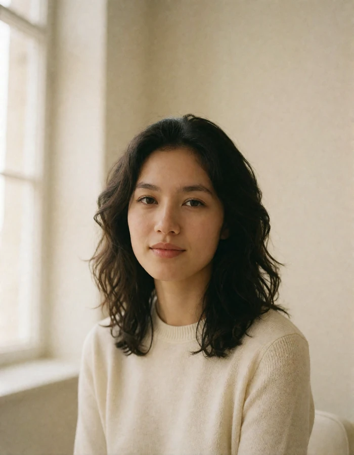 Young Kazakh woman with softly waved dark hair seated near a bright window in a minimalist interior