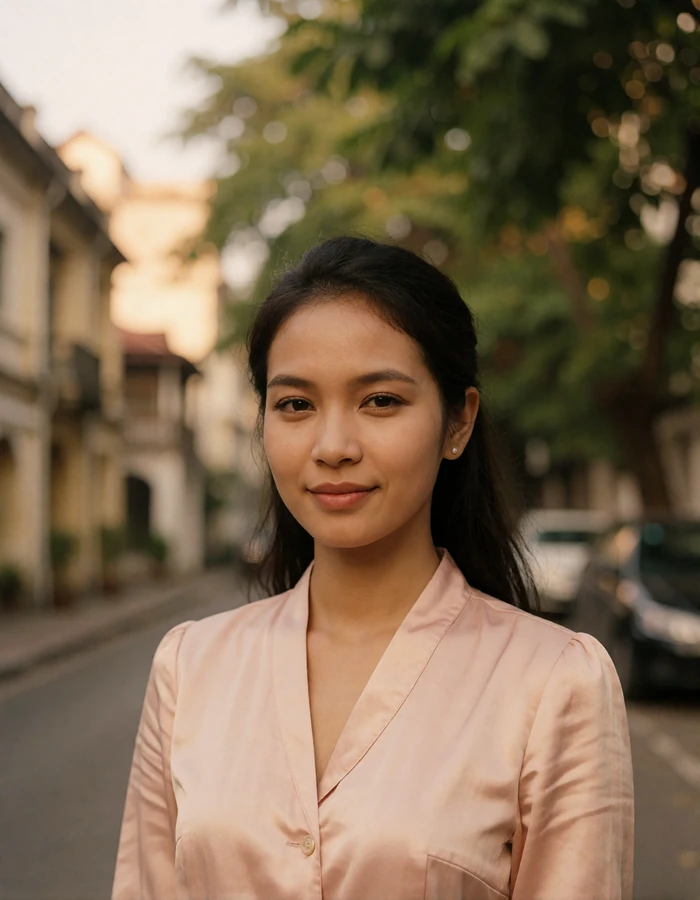 Burmese woman in a pale rose blouse smiling on a leafy Yangon street lined with colonial-era buildings