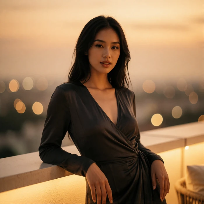 Malaysian woman in a deep charcoal wrap dress on an upscale rooftop lounge at dusk