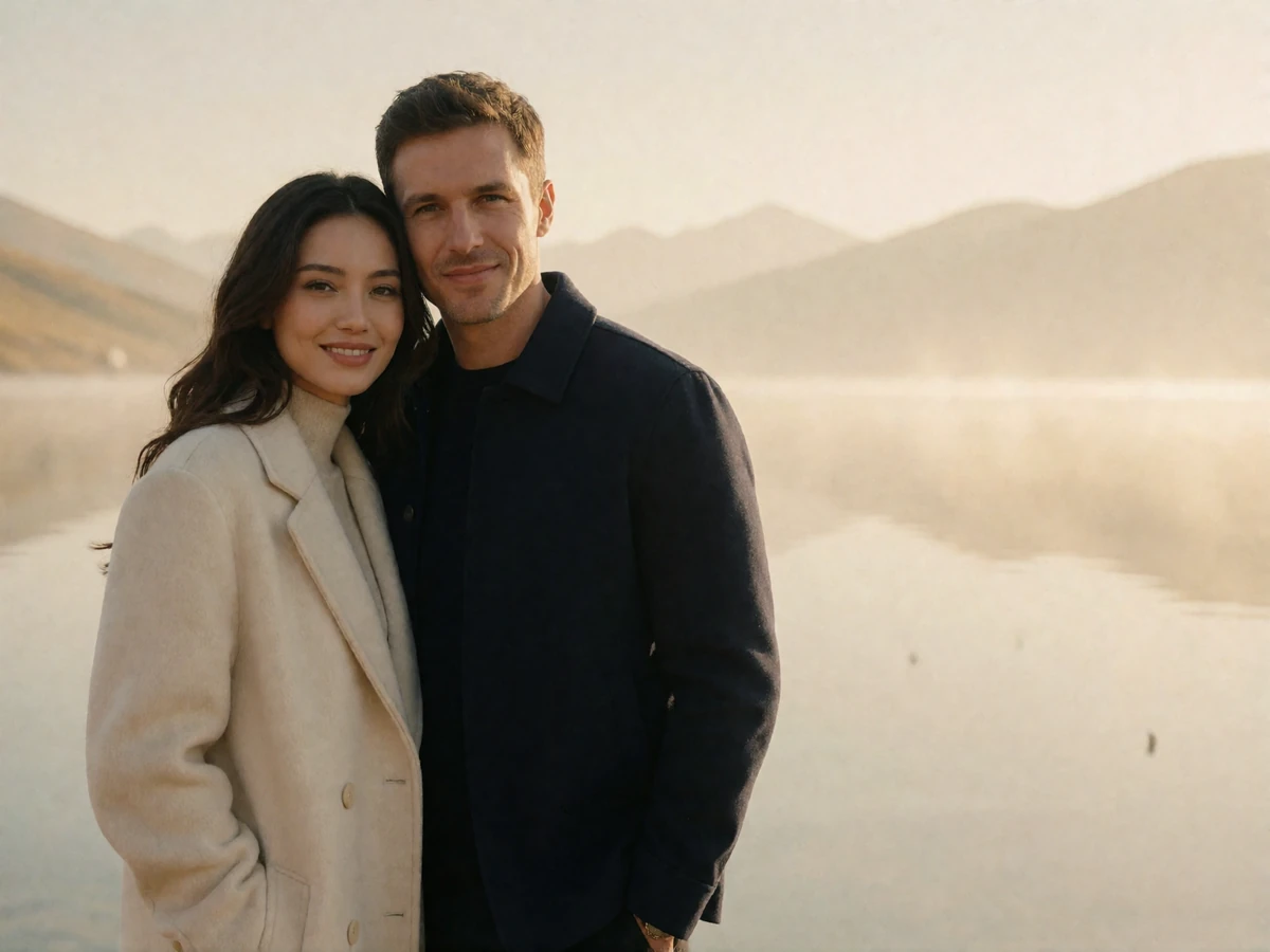 Kyrgyz woman and her partner standing together at a calm alpine lakeshore in soft morning light, smiling naturally