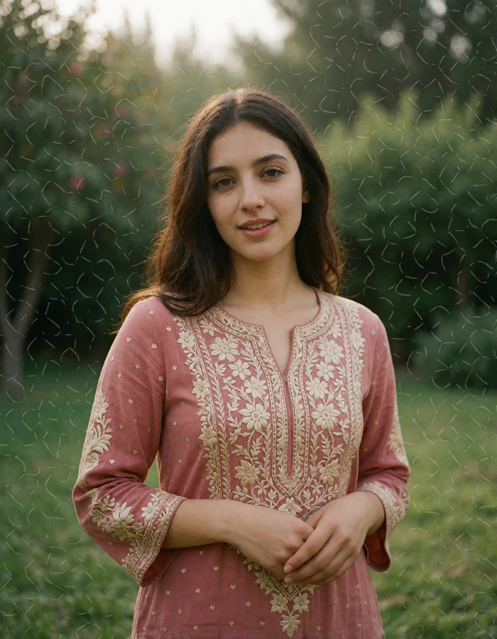 Afghan woman in a rose-toned embroidered tunic standing in a quiet garden with a gentle open smile