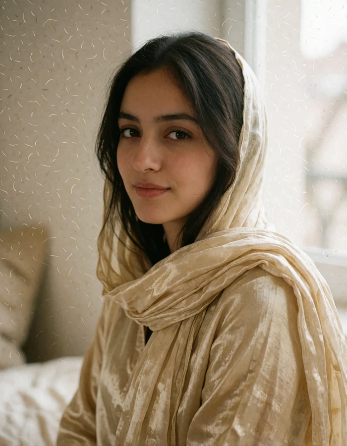 Young Afghan woman with a loosely draped cream scarf sitting near a bright window with a warm smile